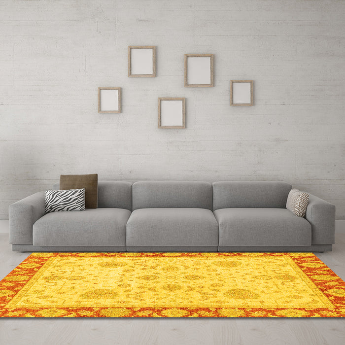 Machine Washable Oriental Yellow Traditional Rug in a Living Room, wshabs3513yw