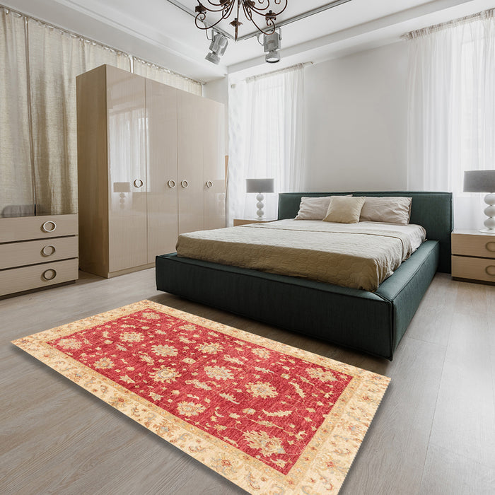 Machine Washable Abstract Fire Red Rug in a Bedroom, wshabs3514