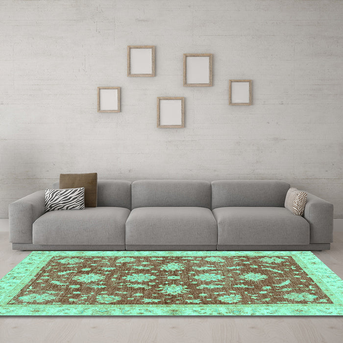 Machine Washable Oriental Turquoise Traditional Area Rugs in a Living Room,, wshabs3514turq