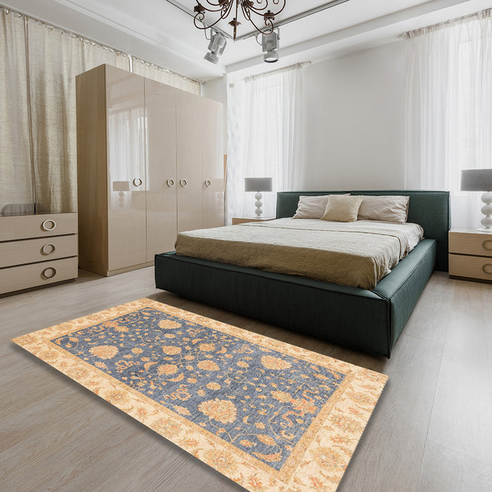 Abstract Rose Purple Oriental Rug in a Bedroom, abs3515