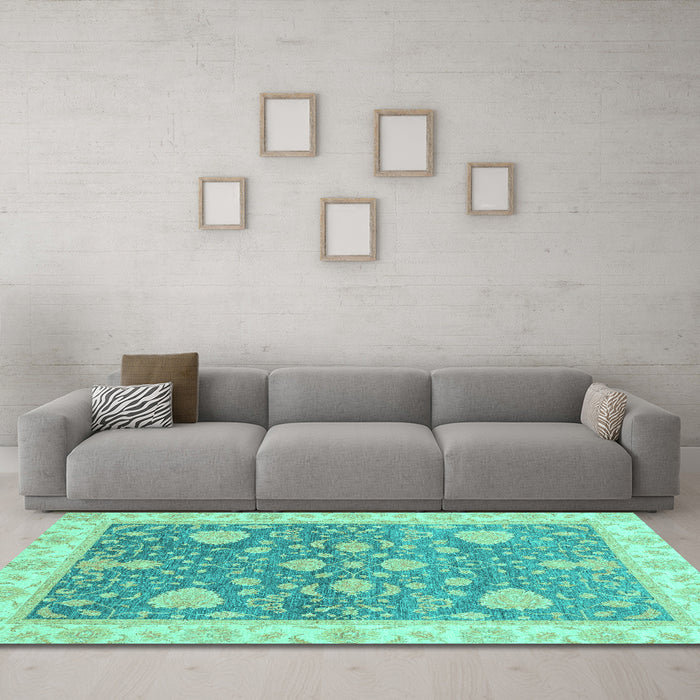 Machine Washable Oriental Turquoise Traditional Area Rugs in a Living Room,, wshabs3515turq