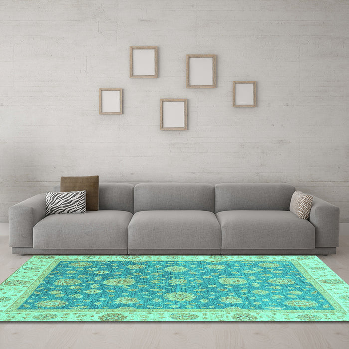 Machine Washable Oriental Turquoise Traditional Area Rugs in a Living Room,, wshabs3516turq