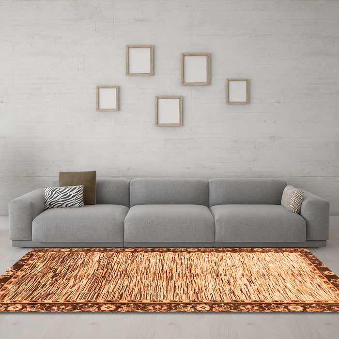 Machine Washable Abstract Orange Modern Area Rugs in a Living Room, wshabs3518org