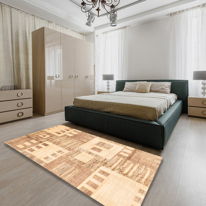 Machine Washable Abstract Brown Gold Rug in a Bedroom, wshabs3519