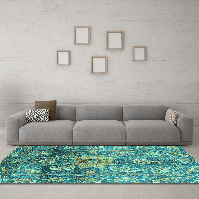 Machine Washable Abstract Turquoise Modern Area Rugs in a Living Room,, wshabs3521turq