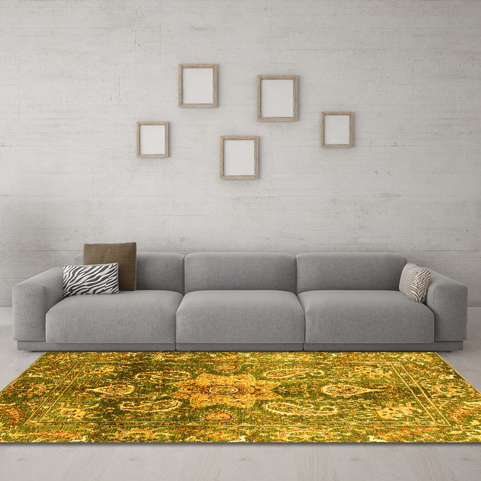 Machine Washable Abstract Yellow Modern Rug in a Living Room, wshabs3521yw