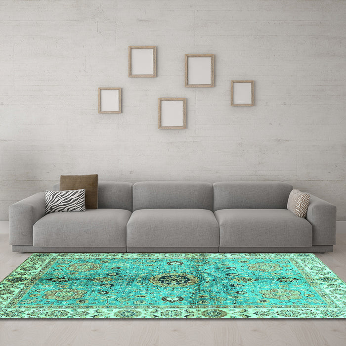 Machine Washable Oriental Turquoise Traditional Area Rugs in a Living Room,, wshabs3522turq