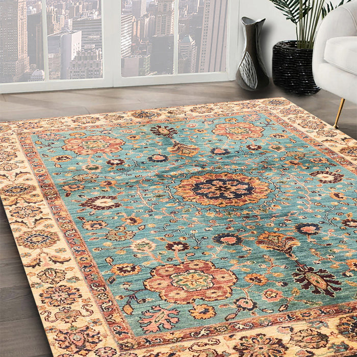 Abstract Sage Green Oriental Rug in Family Room, abs3522