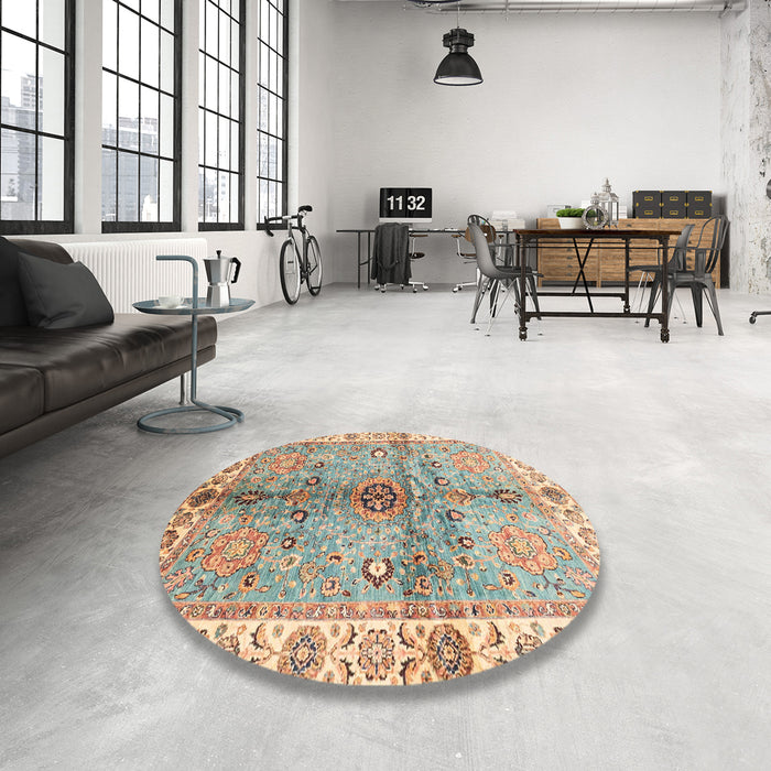 Round Abstract Sage Green Oriental Rug in a Office, abs3522