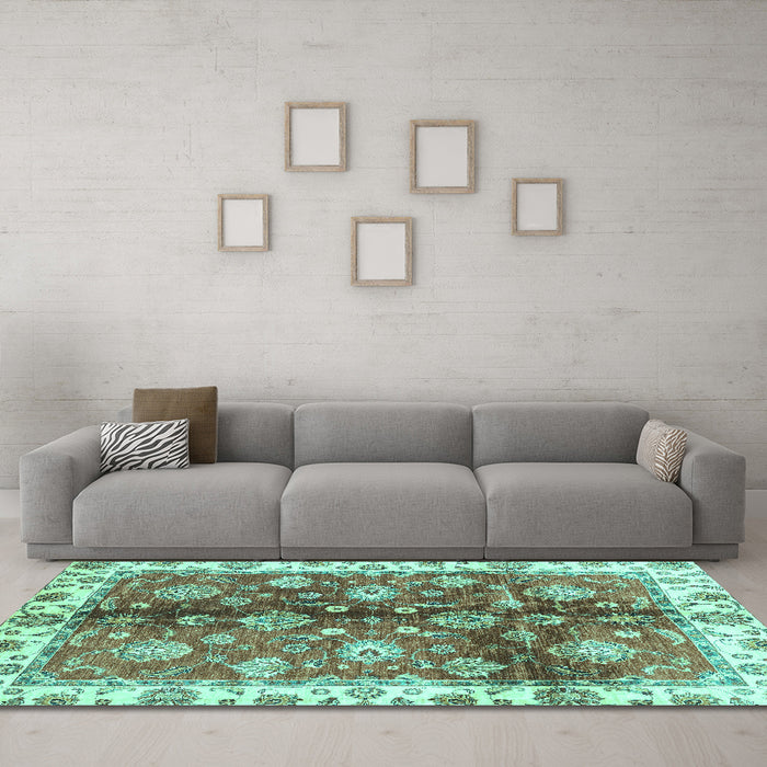 Machine Washable Oriental Turquoise Traditional Area Rugs in a Living Room,, wshabs3524turq