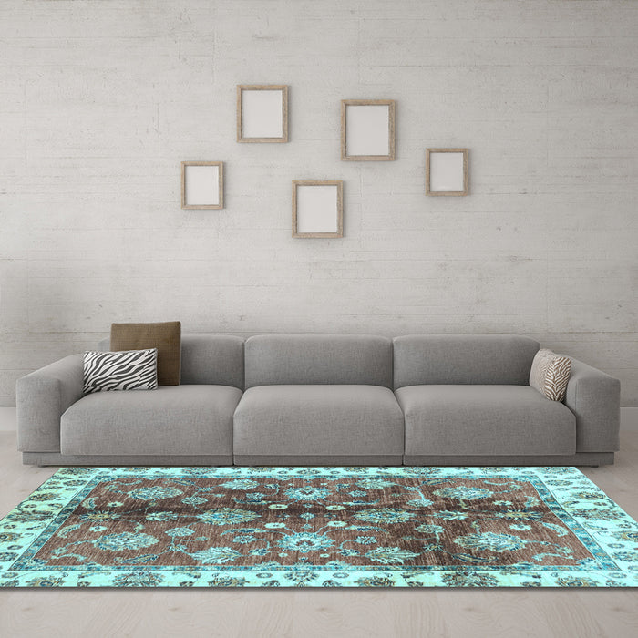 Machine Washable Oriental Light Blue Traditional Rug in a Living Room, wshabs3524lblu