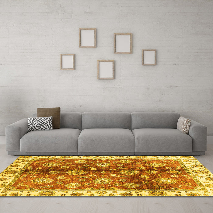 Machine Washable Oriental Yellow Traditional Rug in a Living Room, wshabs3524yw