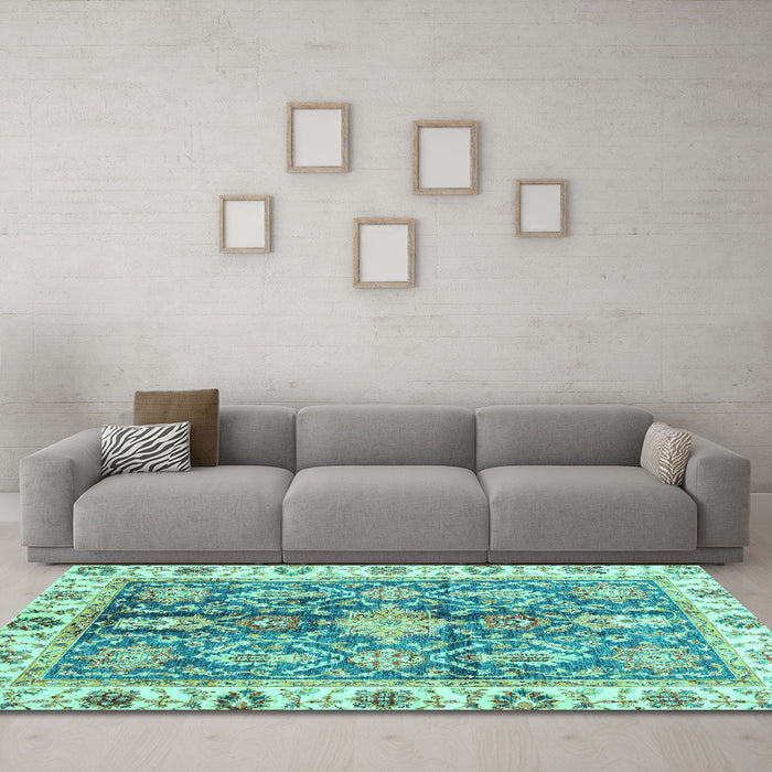 Machine Washable Oriental Turquoise Traditional Area Rugs in a Living Room,, wshabs3528turq