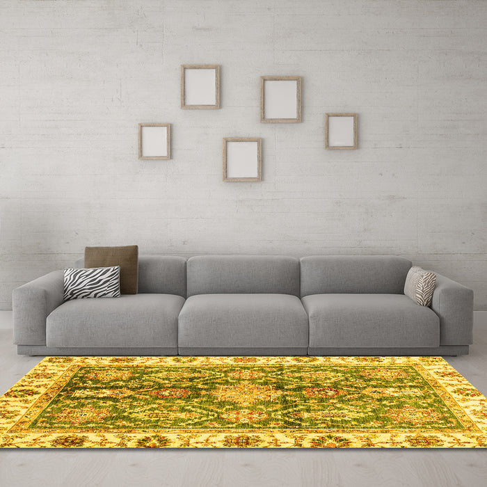 Machine Washable Oriental Yellow Traditional Rug in a Living Room, wshabs3528yw
