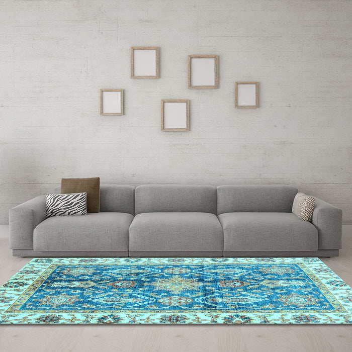 Machine Washable Oriental Light Blue Traditional Rug in a Living Room, wshabs3528lblu