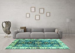 Machine Washable Oriental Turquoise Traditional Area Rugs in a Living Room,, wshabs3529turq