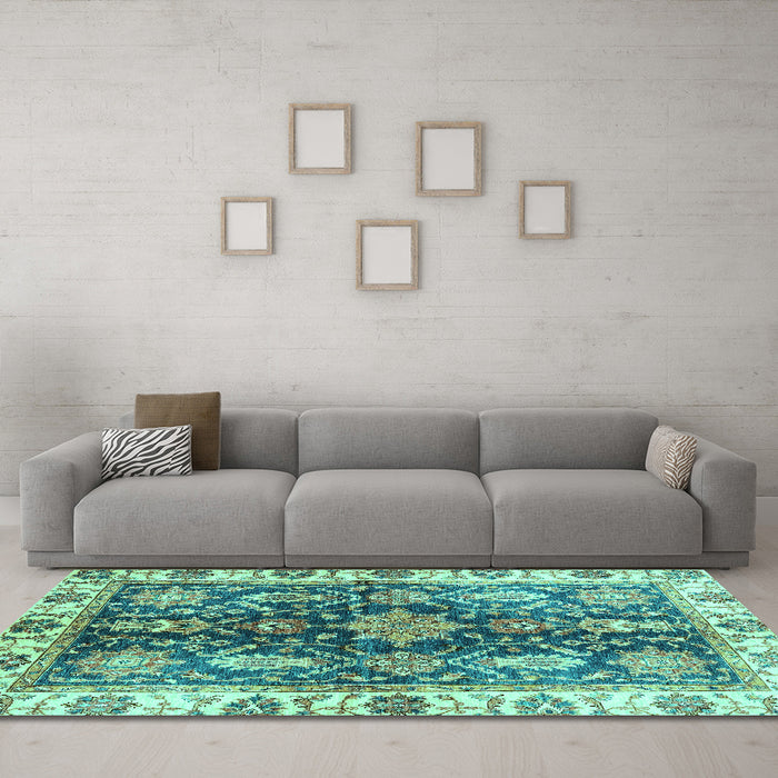 Machine Washable Oriental Turquoise Traditional Area Rugs in a Living Room,, wshabs3529turq