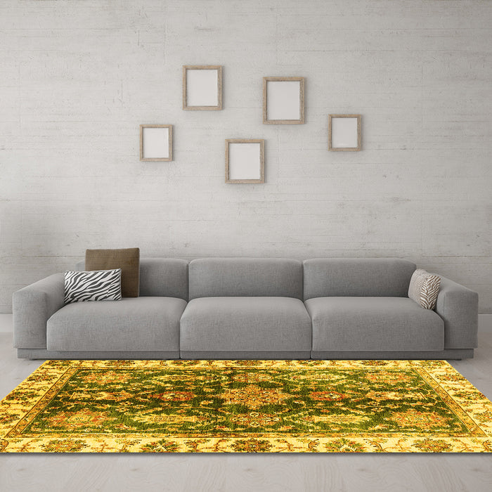 Machine Washable Oriental Yellow Traditional Rug in a Living Room, wshabs3529yw