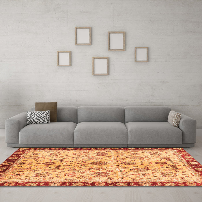 Machine Washable Abstract Orange Modern Area Rugs in a Living Room, wshabs3530org