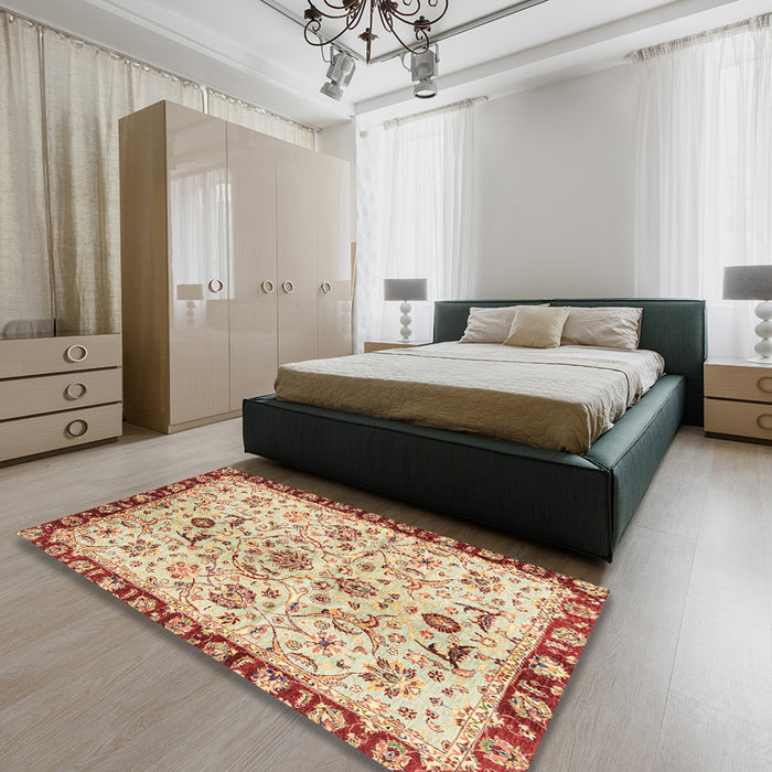 Machine Washable Abstract Brown Gold Rug in a Bedroom, wshabs3530