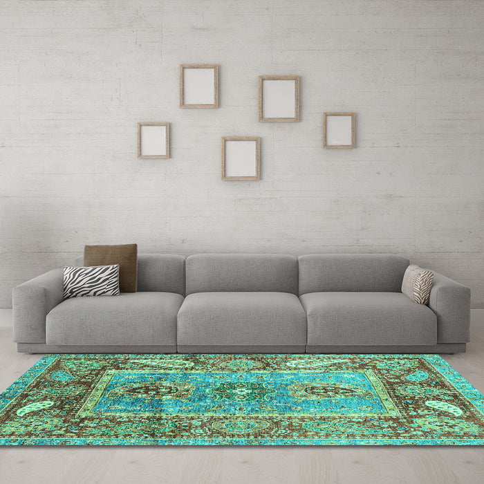 Machine Washable Oriental Turquoise Traditional Area Rugs in a Living Room,, wshabs3531turq