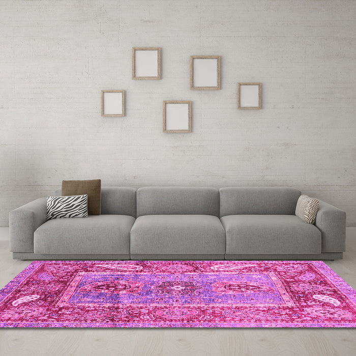 Machine Washable Oriental Pink Traditional Rug in a Living Room, wshabs3531pnk