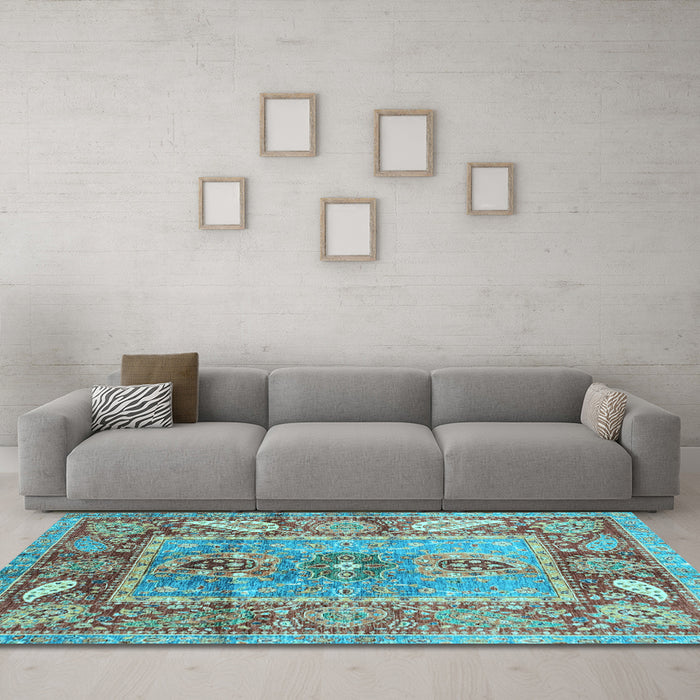 Machine Washable Oriental Light Blue Traditional Rug in a Living Room, wshabs3531lblu