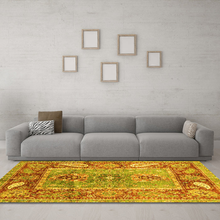 Machine Washable Oriental Yellow Traditional Rug in a Living Room, wshabs3531yw