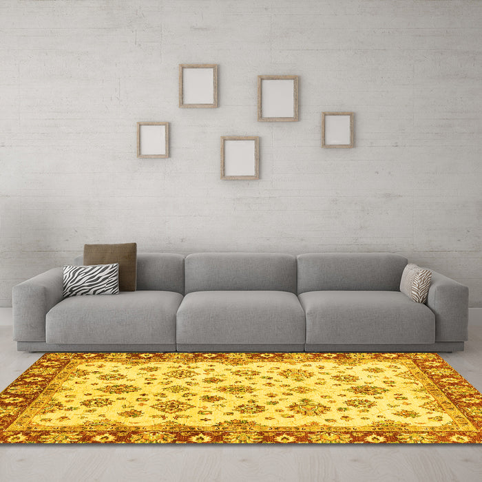 Machine Washable Abstract Yellow Modern Rug in a Living Room, wshabs3532yw