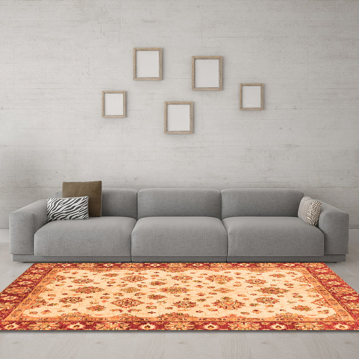 Machine Washable Abstract Orange Modern Area Rugs in a Living Room, wshabs3532org
