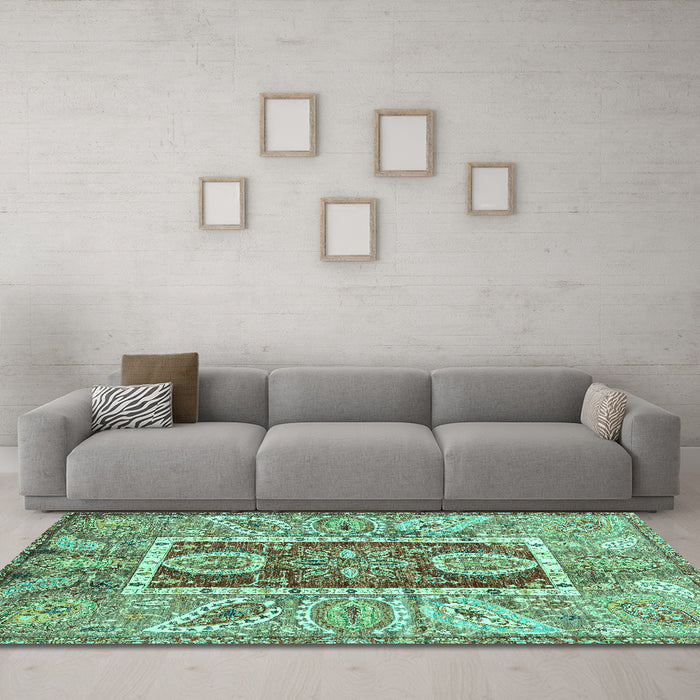 Machine Washable Oriental Turquoise Traditional Area Rugs in a Living Room,, wshabs3533turq
