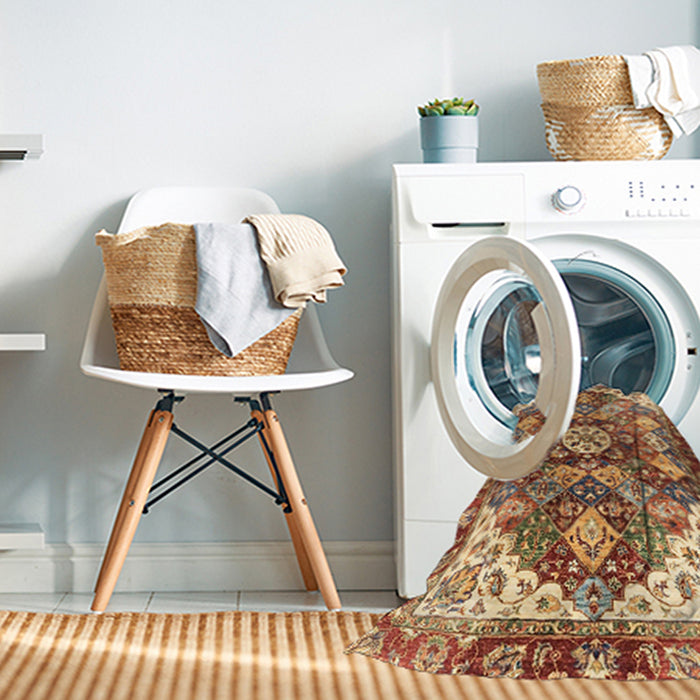 Machine Washable Abstract Fire Brick Red Rug in a Washing Machine, wshabs3534