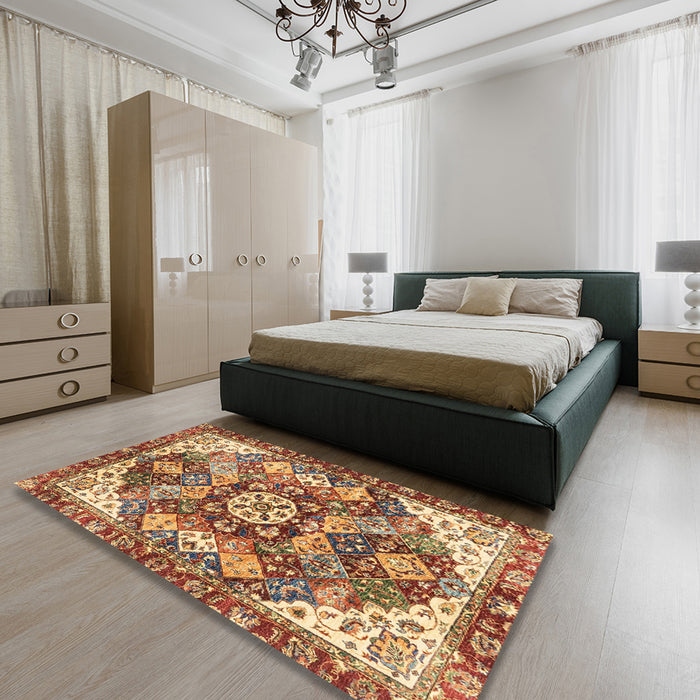 Abstract Fire Brick Red Modern Rug in a Bedroom, abs3534