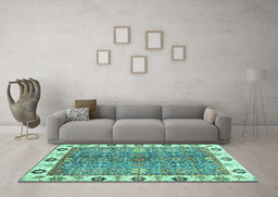 Machine Washable Oriental Turquoise Traditional Area Rugs in a Living Room,, wshabs3535turq