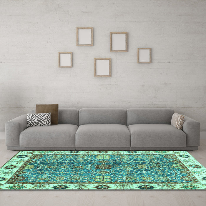 Machine Washable Oriental Turquoise Traditional Area Rugs in a Living Room,, wshabs3535turq