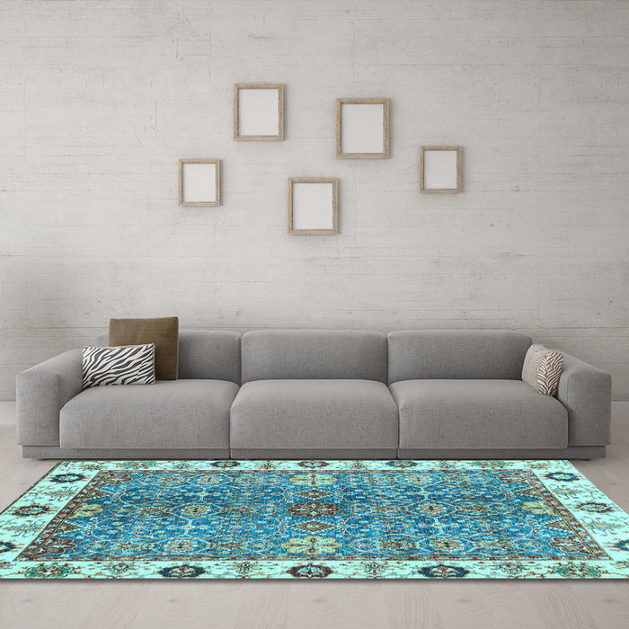 Machine Washable Oriental Light Blue Traditional Rug in a Living Room, wshabs3535lblu