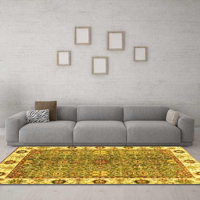 Machine Washable Oriental Yellow Traditional Rug in a Living Room, wshabs3535yw
