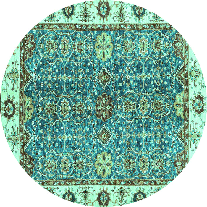Round Machine Washable Oriental Turquoise Traditional Area Rugs, wshabs3535turq