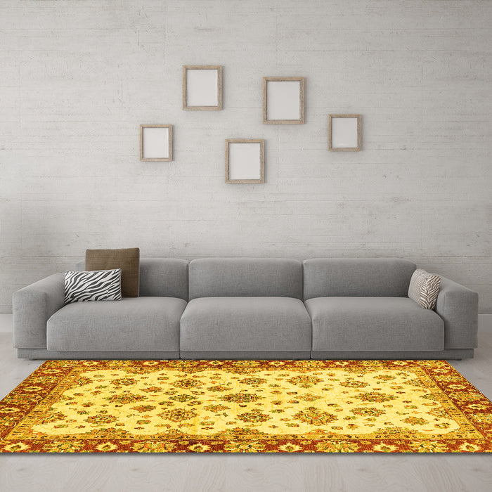 Machine Washable Oriental Yellow Traditional Rug in a Living Room, wshabs3536yw