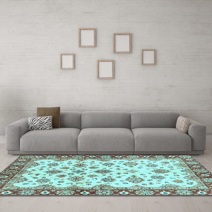 Machine Washable Oriental Light Blue Traditional Rug in a Living Room, wshabs3536lblu
