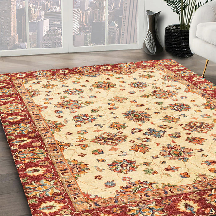 Abstract Brown Gold Oriental Rug in Family Room, abs3536
