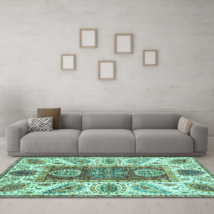 Machine Washable Abstract Turquoise Modern Area Rugs in a Living Room,, wshabs3537turq