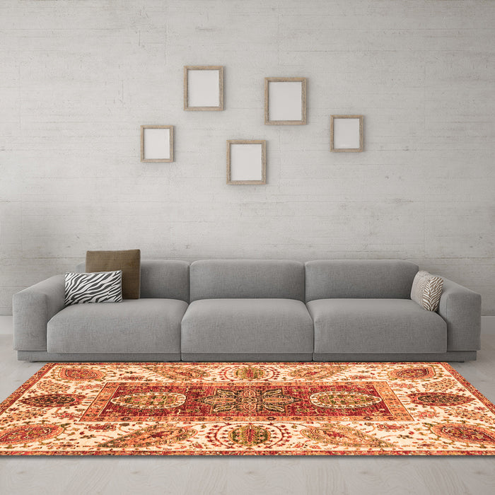 Machine Washable Abstract Orange Modern Area Rugs in a Living Room, wshabs3537org