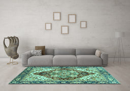 Machine Washable Persian Turquoise Traditional Area Rugs in a Living Room,, wshabs3538turq