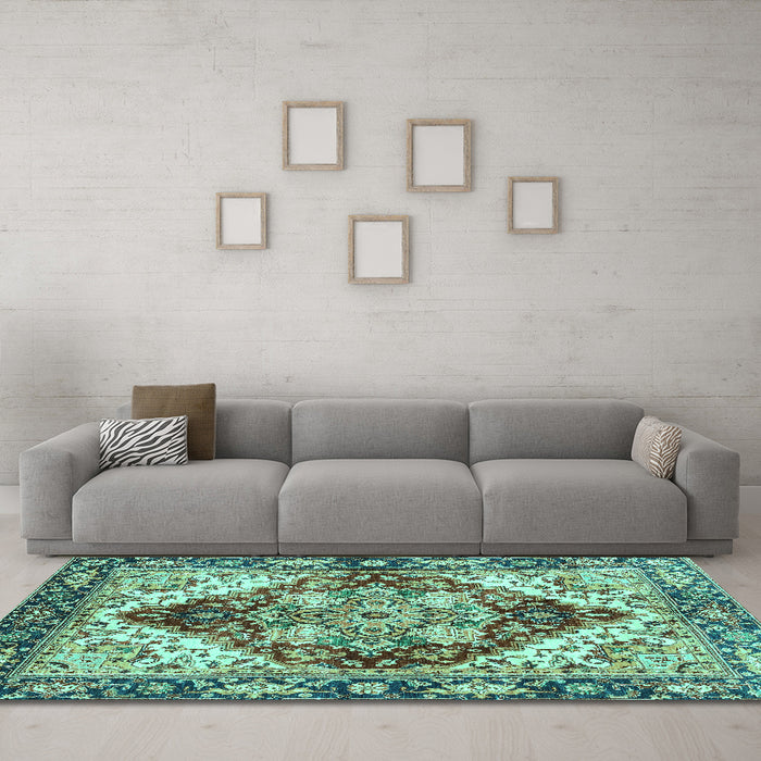 Machine Washable Persian Turquoise Traditional Area Rugs in a Living Room,, wshabs3538turq