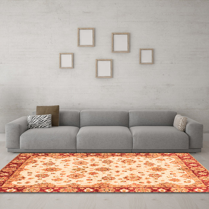 Machine Washable Abstract Orange Modern Area Rugs in a Living Room, wshabs3539org