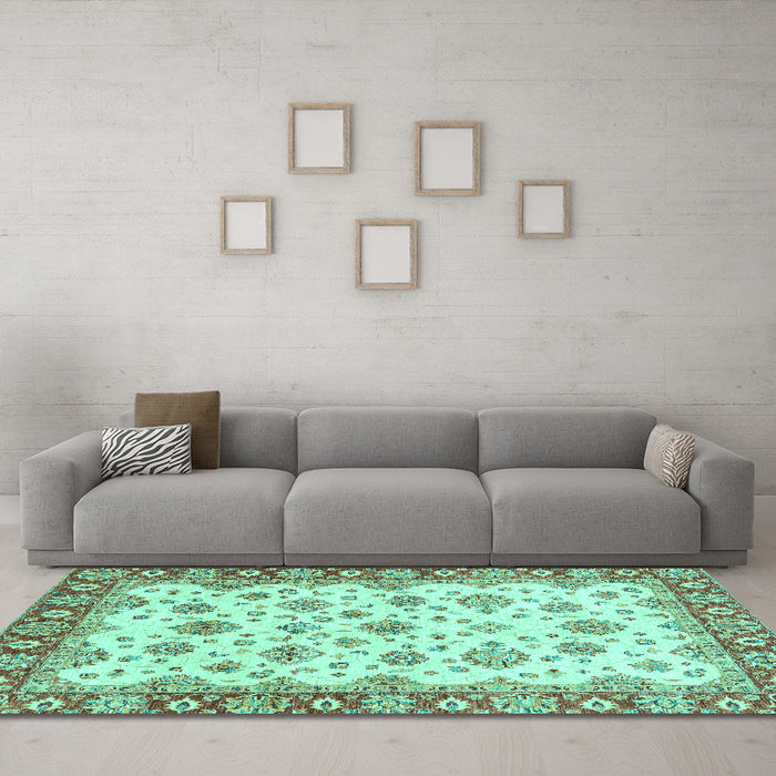 Machine Washable Abstract Turquoise Modern Area Rugs in a Living Room,, wshabs3540turq