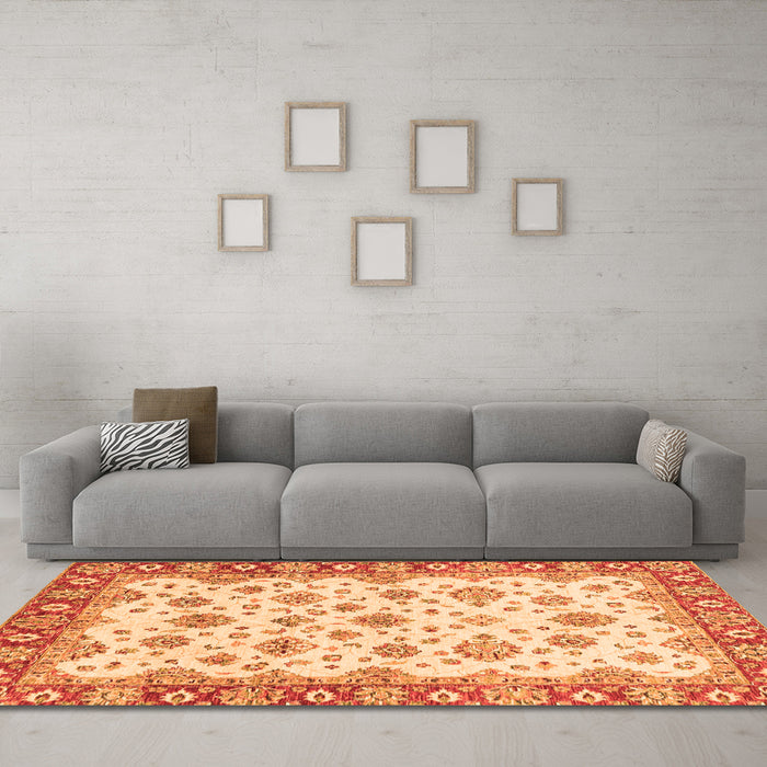 Machine Washable Abstract Orange Modern Area Rugs in a Living Room, wshabs3540org