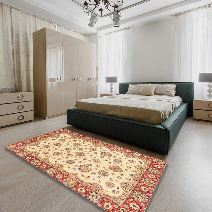 Abstract Chocolate Brown Modern Rug in a Bedroom, abs3540