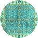 Round Machine Washable Oriental Turquoise Traditional Area Rugs, wshabs3541turq